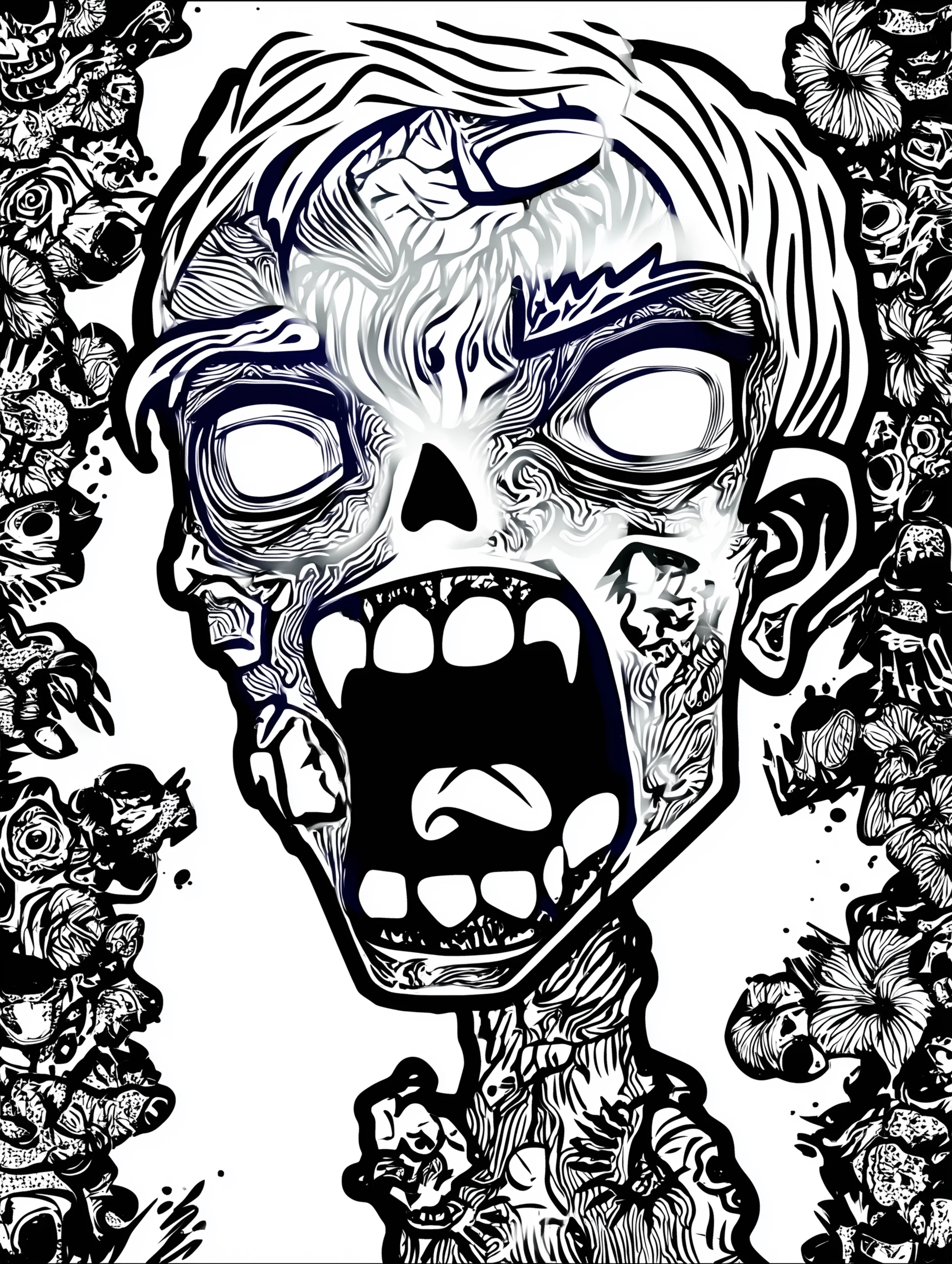 Free printable zombie coloring page for adults featuring a gnashing zombie guy